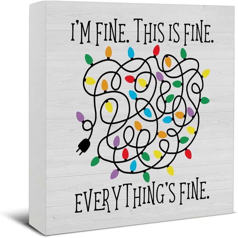 Zauly Funny Christmas Decorations, Christmas Lights Decor Sign, I'm Fine Everything Is Fine Wood Sign Rustic Home Table Desk Decor (5 x 5 Inches) - Image 1